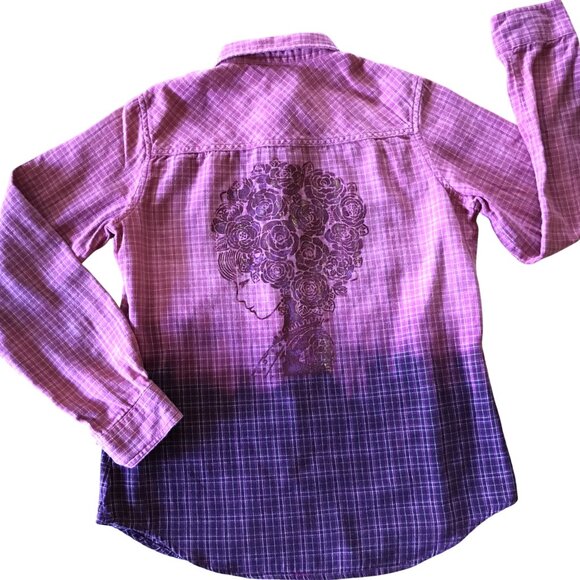Bleached Flannel Shirt, Size XS: Upcycled Painted Fancy Lady Portrait - Picture 1 of 12